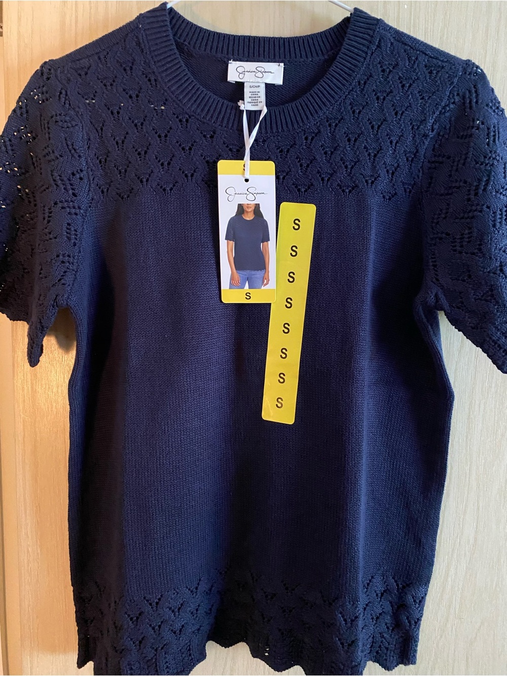 Jessica Simpson Navy Open-Knit Short Sleeve Sweater